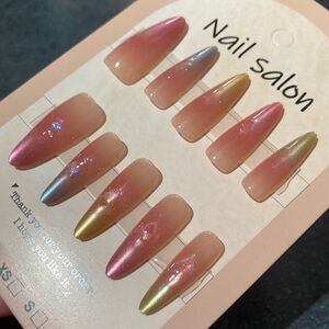 [M] 🌈💅 10Pcs Wearable Reusable Press on Nails Long Oval Metallic Rainbow